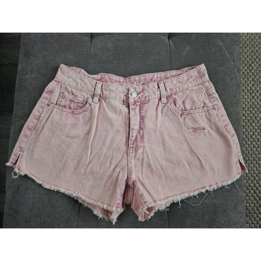 Time and Tru Women's Pink Acid Wash Denim Shorts Size 12 High Rise Frayed Hem‎